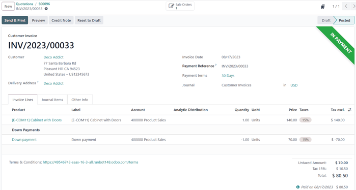The second down payment invoice with in payment banner in Cobuild Sales.