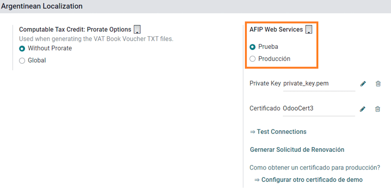 Select AFIP database environment: Testing or Production.