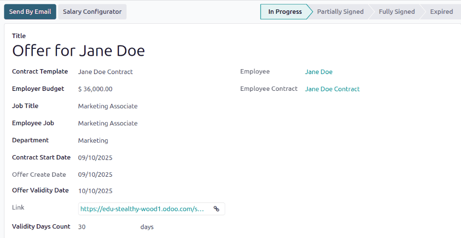 Send the contract to the employee via one of the buttons.