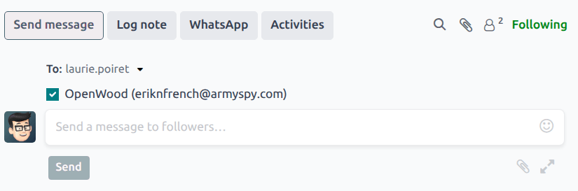 A chatter composer preparing to send a message to the followers of a CRM opportunity and the customer listed on the opportunity record.