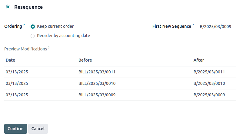 Resequence options window