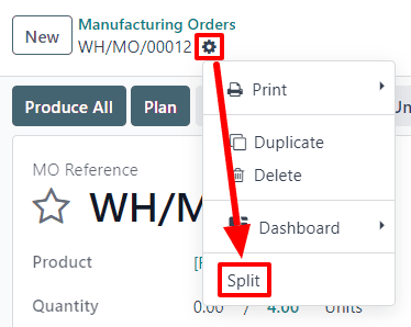 The Settings and Split buttons on a manufacturing order.