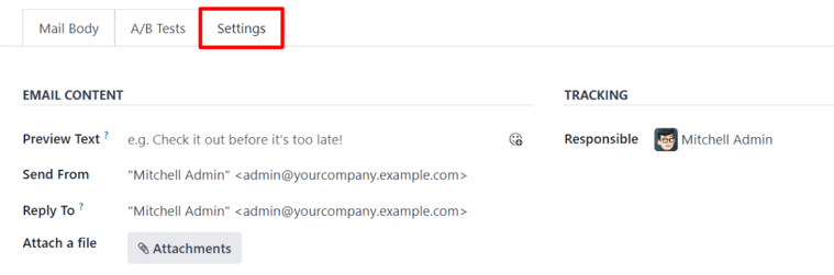 View of settings tab in Cobuild Email Marketing app, without campaign setting activated.