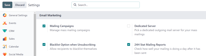 View of the Settings page in the Cobuild Email Marketing application.