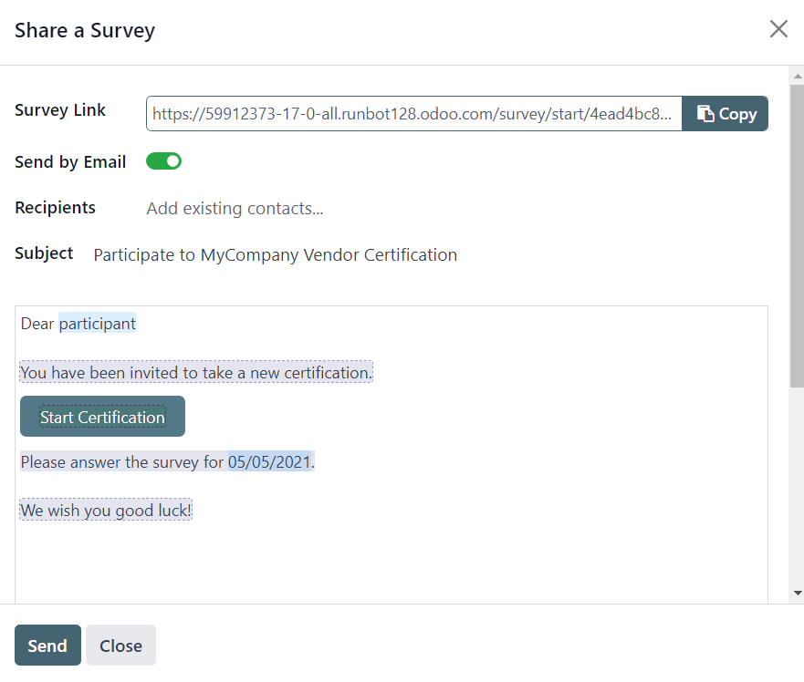 The 'Share a Survey' pop-up window in Cobuild Surveys with the Send by Email toggled on.