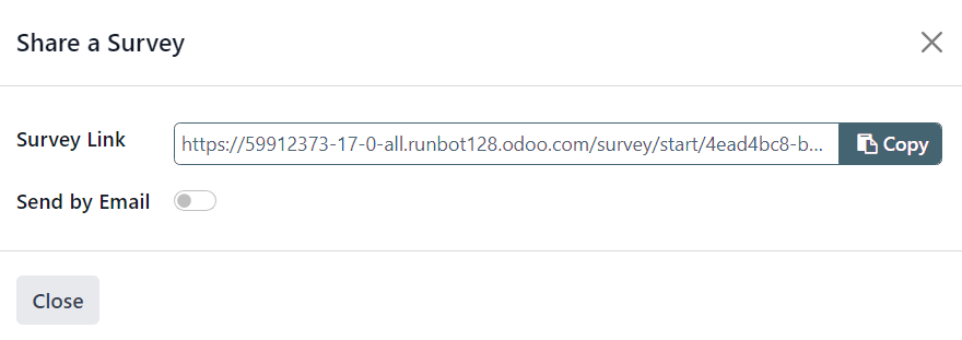 The 'Share a Survey' pop-up window that appears in the Cobuild Surveys application.