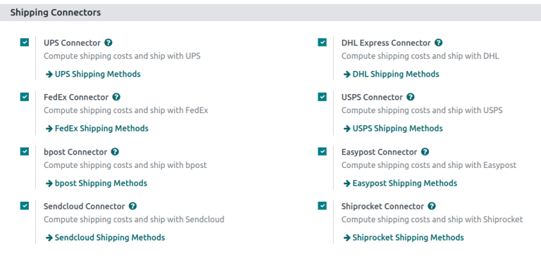 Options of available shipping connectors in Cobuild.