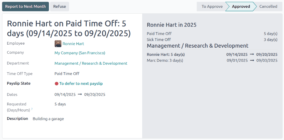 The time off details for an individual request that needs to be deferred.