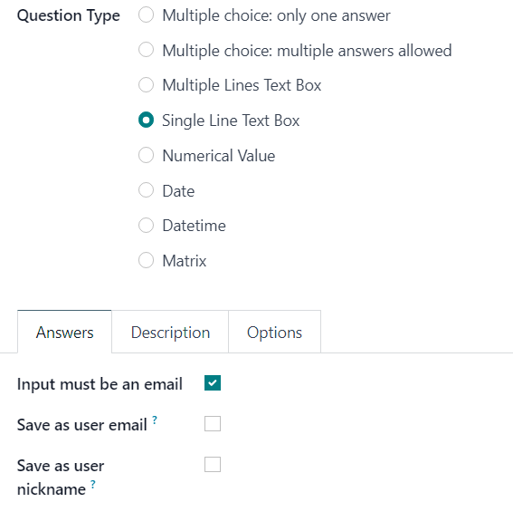 The Single Line Text box question type answers tab in Cobuild Surveys.