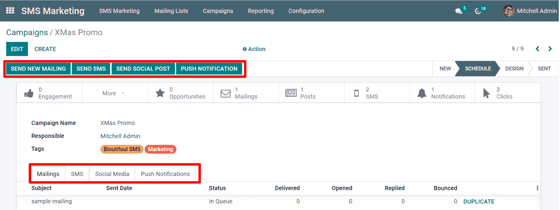 View of an SMS campaign template in Cobuild SMS marketing.