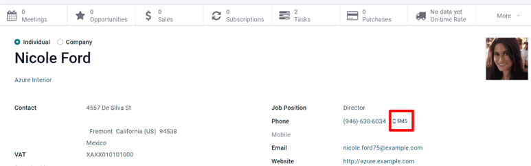 The SMS icon is located on an individual's contact form in Cobuild Contacts.