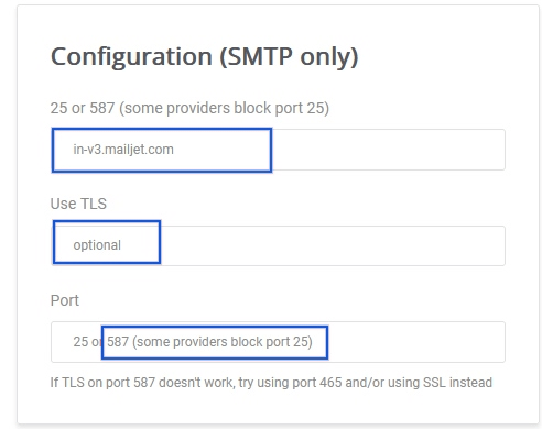 SMTP configuration from Mailjet.