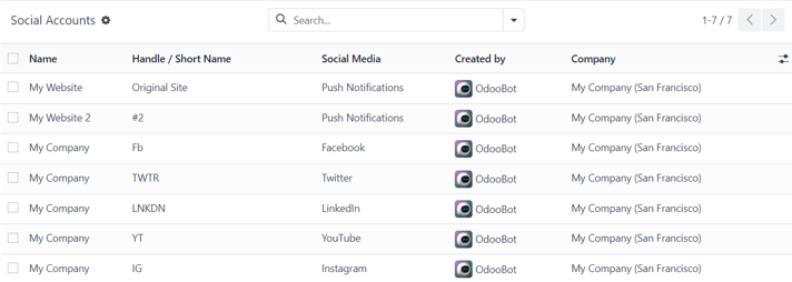View of the social accounts page in the Cobuild Social Marketing application.