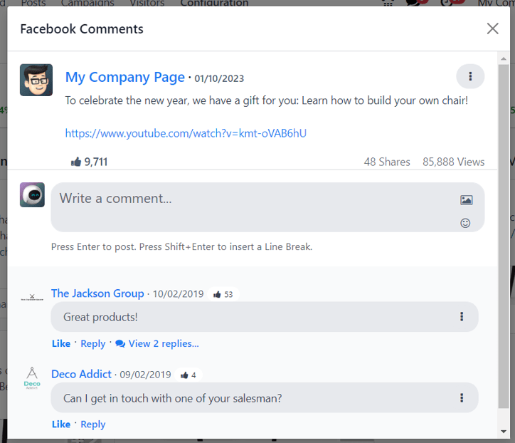 Sample of a social media post's pop-up window in Cobuild Social Marketing application.