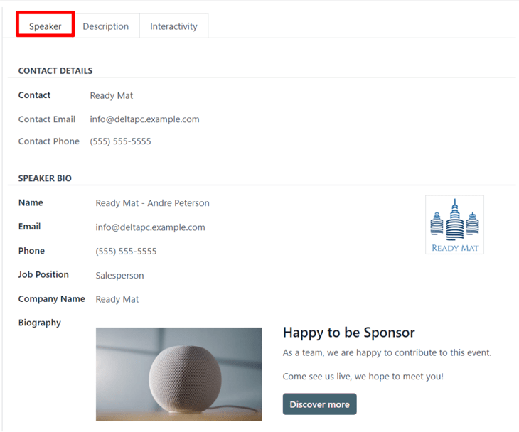 The Speaker tab on an event track form in the Cobuild Events application.