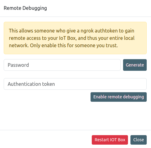 The Remote Debugging password generation window.