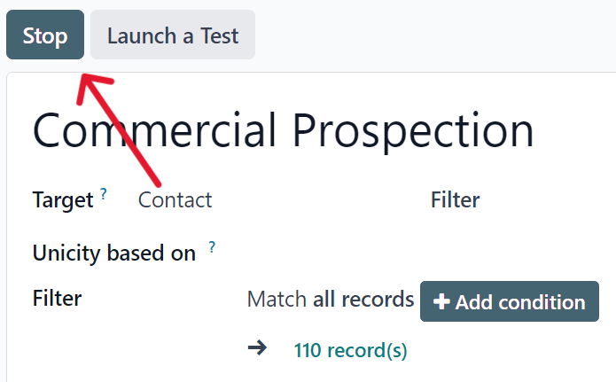 The stop button on a typical campaign detail form in Cobuild Marketing Automation application.