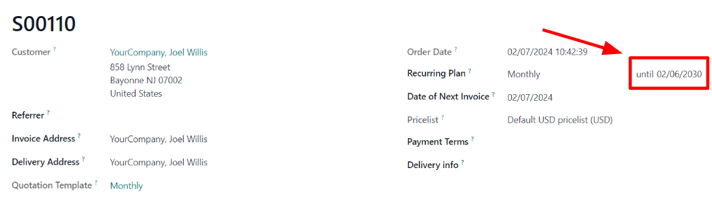 The expiration date on a subscription sales order in Cobuild Subscriptions.