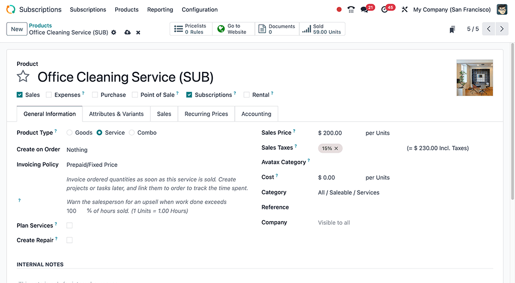 A basic subscription product form in Cobuild Subscriptions application.