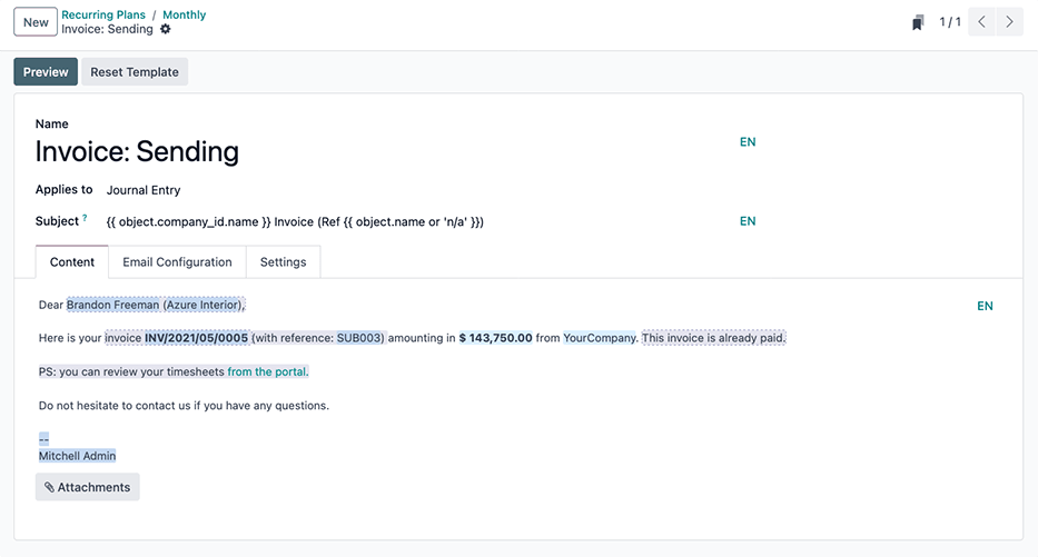 An email template in Cobuild used to send subscriptions invoicing messages to customers.