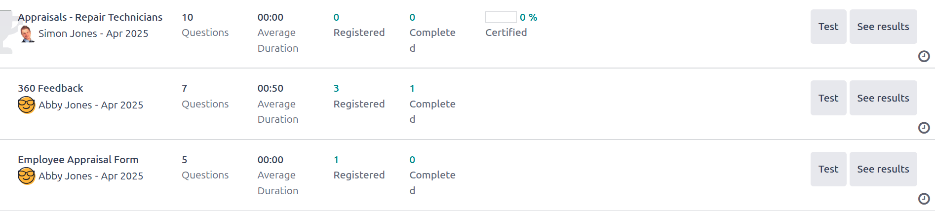 A list view of all available surveys in the Appraisals application.