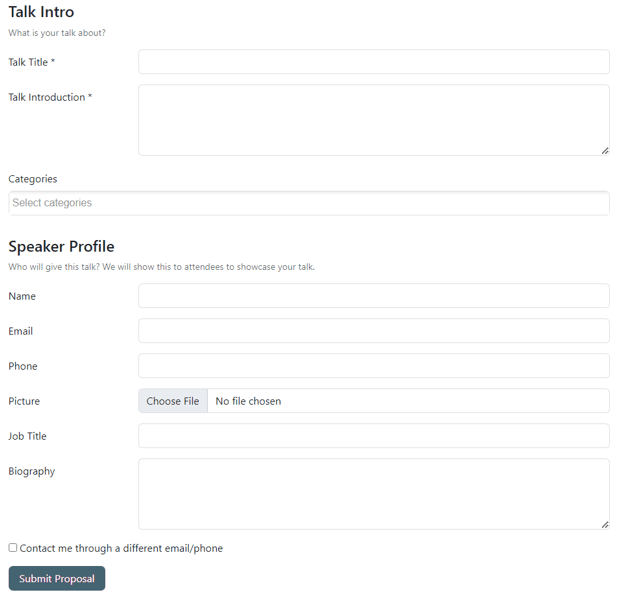 The Talk Proposals page on the event website built with the Cobuild Events application.