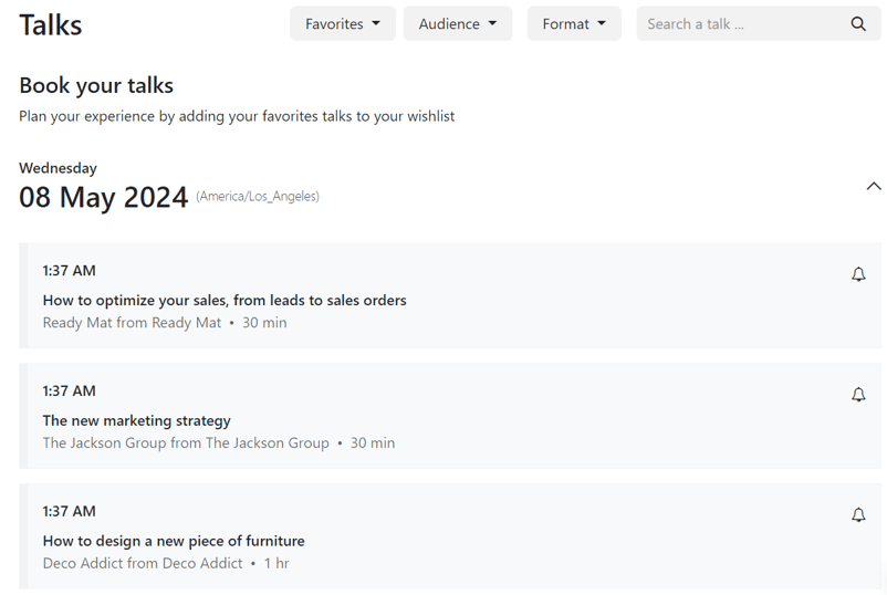The Talks page on an event website built through the Cobuild Events application.