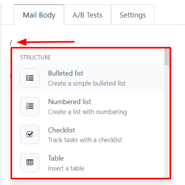 View of the rich text editor drop-down in the Cobuild Email Marketing application.