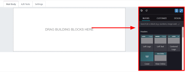 View of the building blocks in the Mail Body tab in Cobuild Email Marketing application.