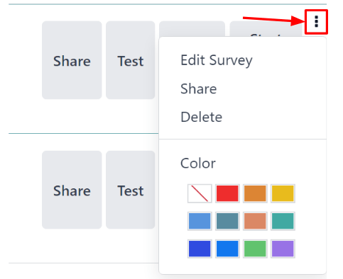 The three-dot drop-down menu of options that appears on the Cobuild Surveys dashboard.