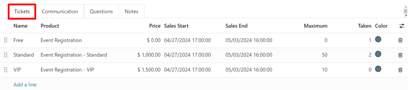 A typical tickets tab on an event form in the Cobuild Events application.