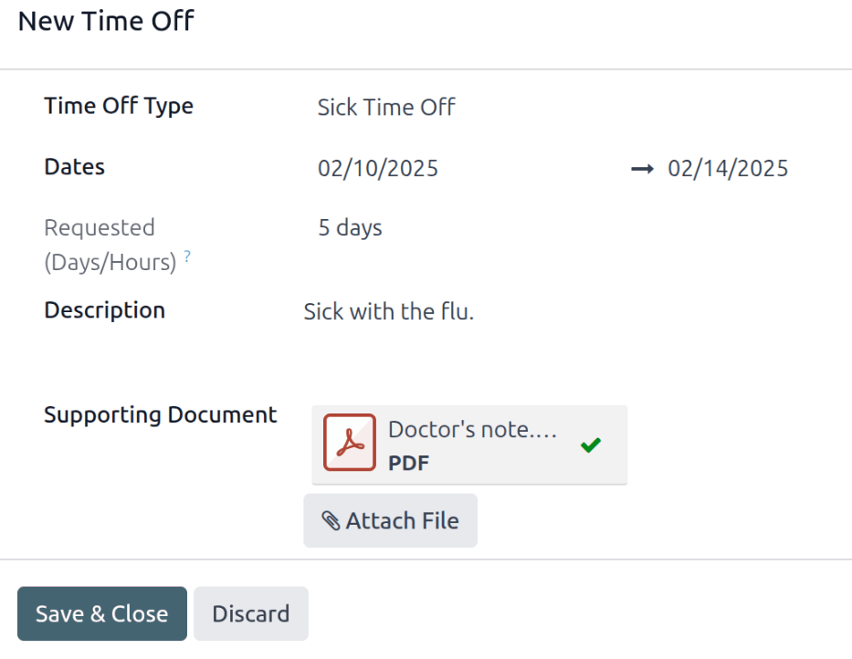 A time off request form filled out for an employee home sick with the flu.