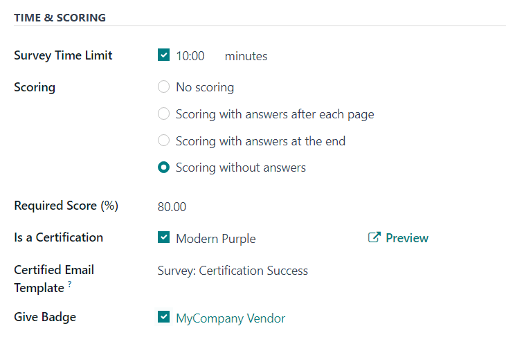 The Time and Scoring section of the Options tab on a survey form in Cobuild Surveys.