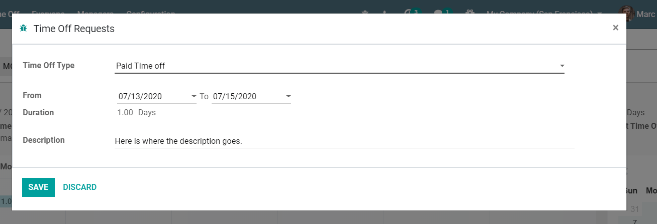 View of the time off request form in Cobuild Time Off