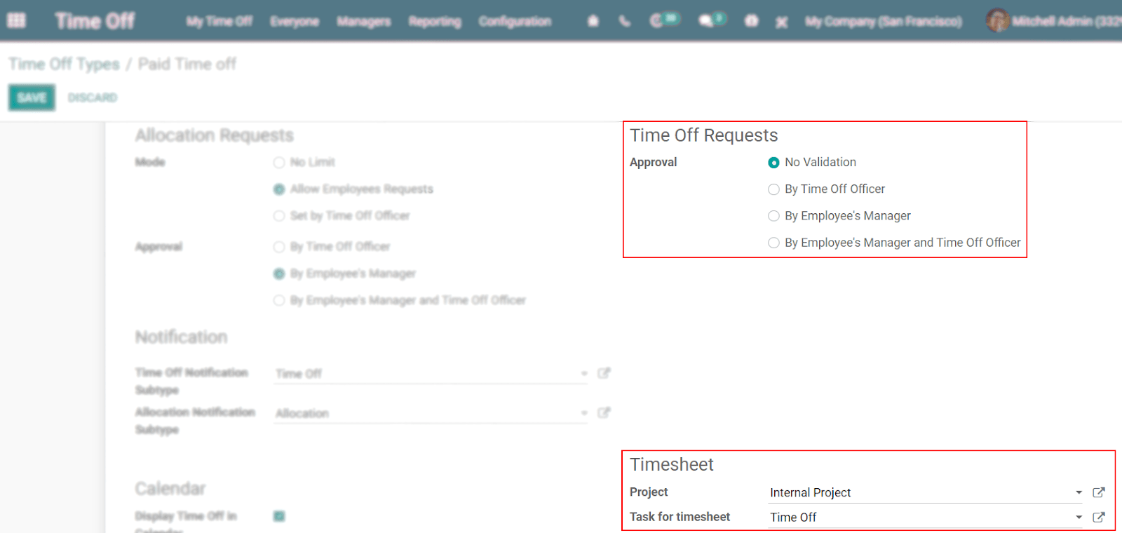View of a time off types form emphasizing the time off requests and timesheets section in Cobuild Time Off