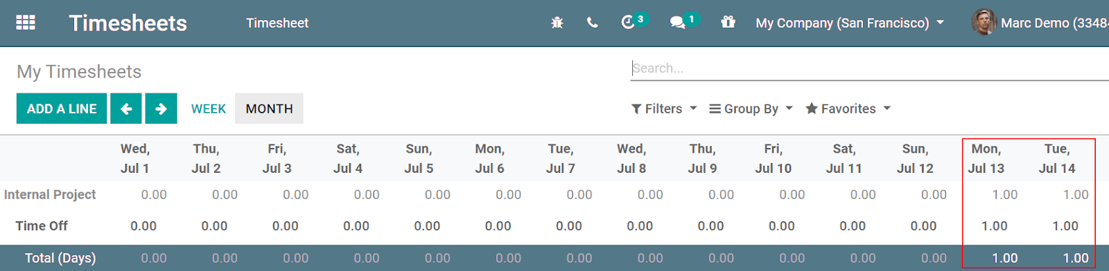Video of timesheets emphasizing the requested time off from the employee in Cobuild Timesheets