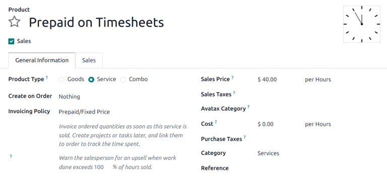 View of a service product with the invoicing policy set to 'prepaid/fixed'.
