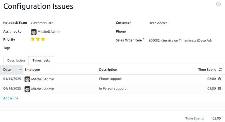 View of the timesheets tab on a helpdesk ticket.