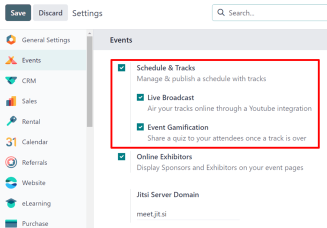 The Schedule and Tracks setting in the Cobuild Events app, along with corresponding options.