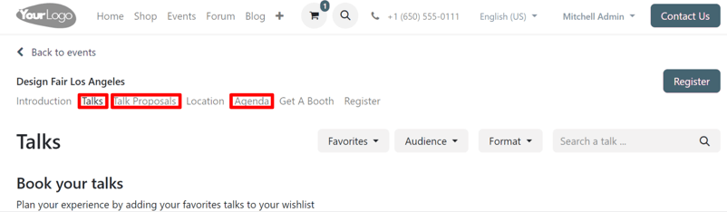 The track-related event submenu options on an event website built with Cobuild Events.