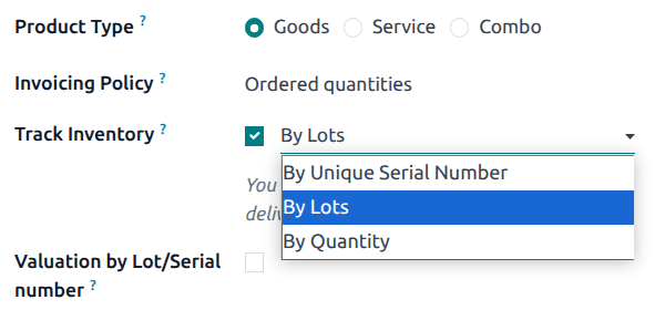 Enabled tracking by lots feature on product form.