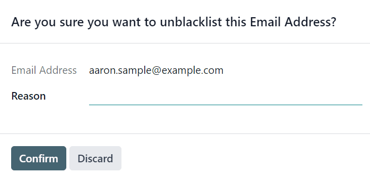 View of the unblacklist pop-up window in the Cobuild Email Marketing application.