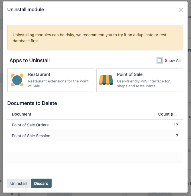 A warning message showing apps that are uninstalled if the uninstallation is completed.