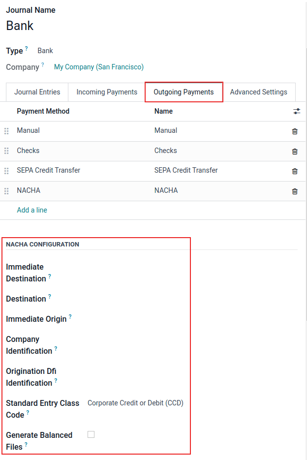 NACHA (National Automated Clearing House Association) configuration settings on Cobuild.