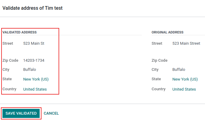 Validate address pop-up window in Cobuild with "Save Validated" button and "Validated Address" highlighted.