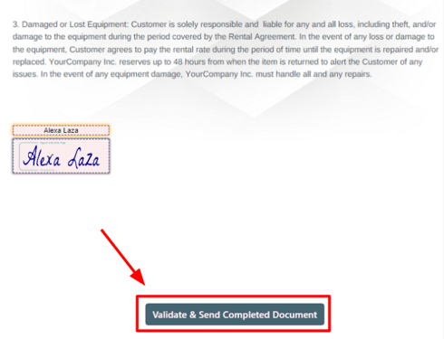 The validate and send completed document button in the Cobuild Rental application.