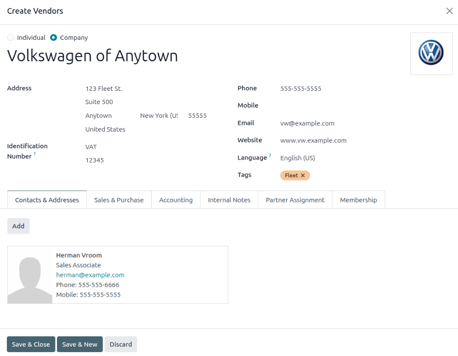 Vendor form to fill out when adding a new vendor.