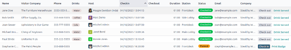 The full list of currently checked in visitors, with the drinks to be served highlighted.