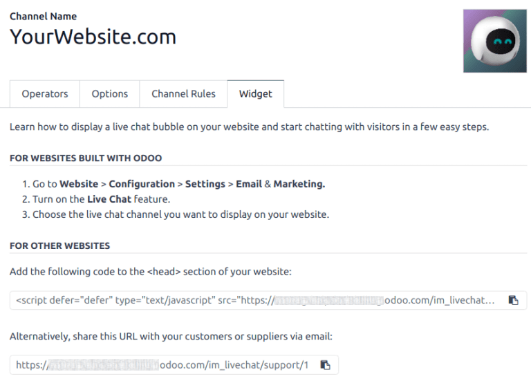 View of the widget tab for Cobuild Live Chat.