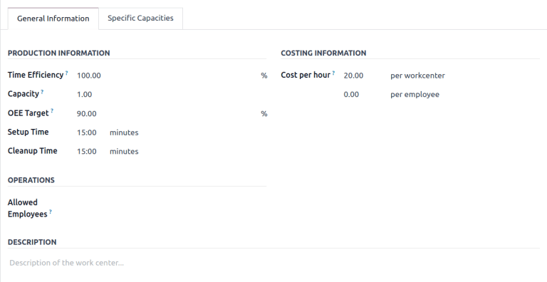 The general information tab of the work center form.